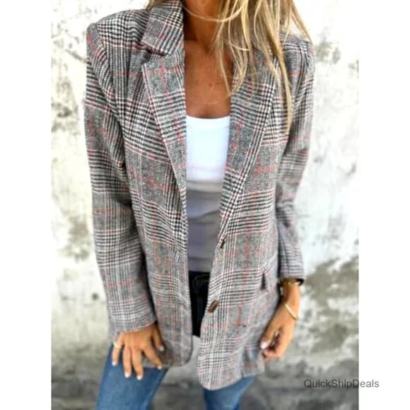 Tweed Blazer Plaid Houndstooth Work Suit Jacket Long Sleeve Notch Lapel